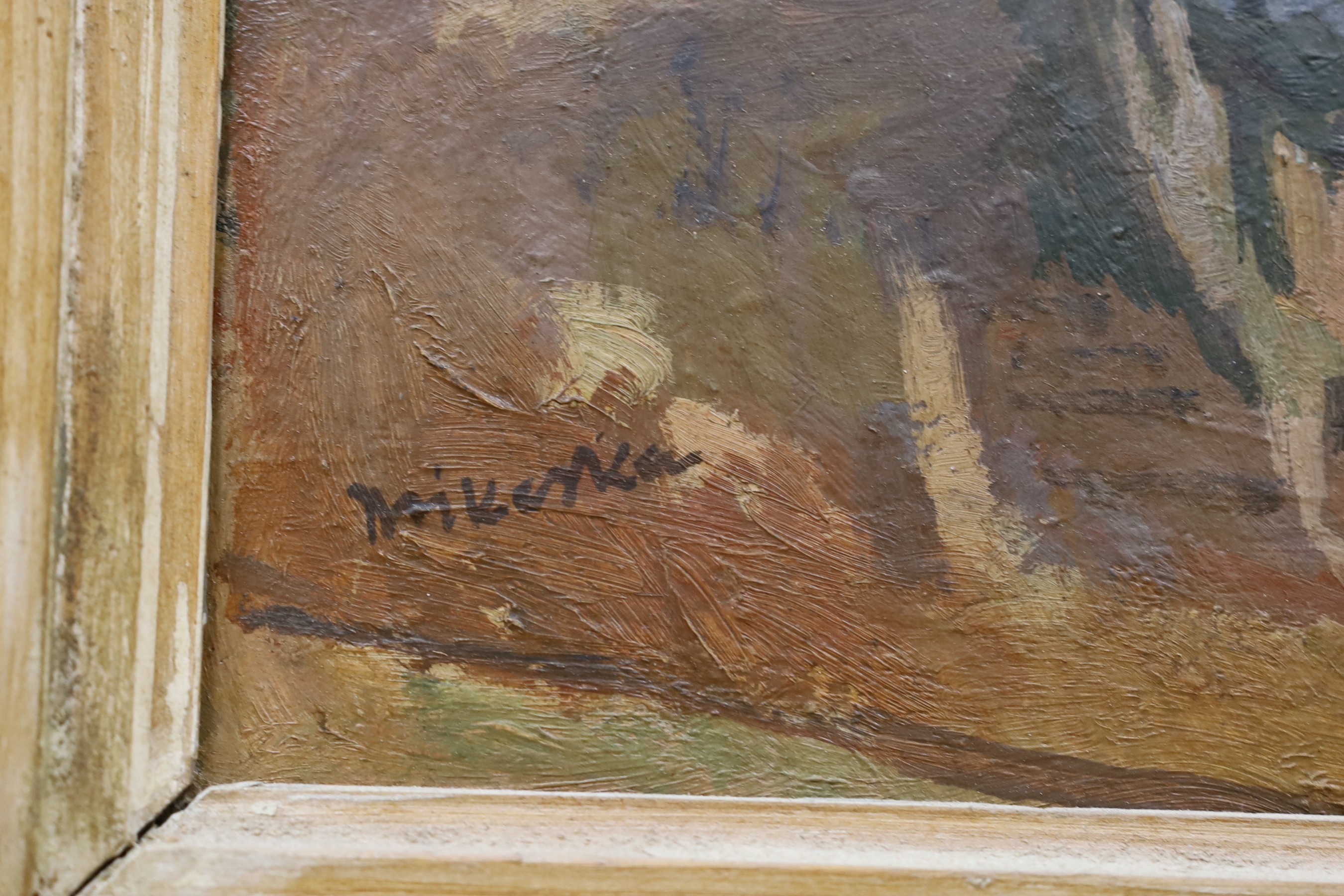 Modern British, oil on board, View of a seaside town, indistinctly signed, 33 x 42cm